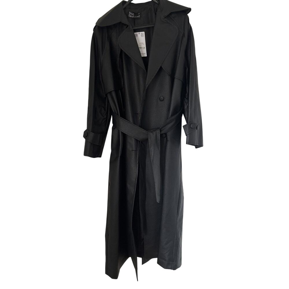 Black Faux Leather Trench Coat Women Long Belted Classic Jacket Stylish - Picture 7 of 12